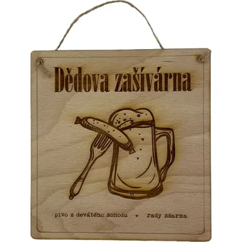 Plechová cedule Dědova zašívárna - dřevěná cedule 17 cm x 18 cm