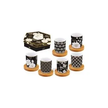 Easy Life ART DECO & FLOWERS černé porcelánové espresso kelímky a bambusové podložky bílé květy s ptáčkem a ornamenty *COFFEE MANIA* 110ml 6 ks