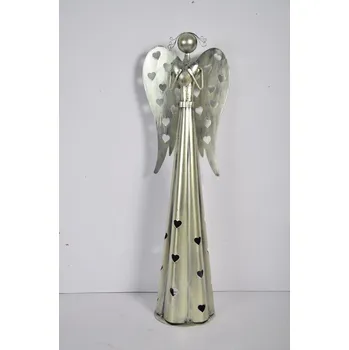 Vánoční dekorace Plechový srdíčkový anděl na čajovou svíčku, 38 cm, champagne (123160 015 BNM-75-00152-21 anděl CH 38cm)