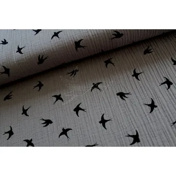 Dvojitá gázovina - mušelín - vlaštovky na šedé