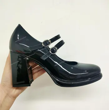 Dámské lodičky Mary Jane dámské lodičky s masivním podpatkem se dvěma řemínky přes nárt Velikosti: 33 (US 3), Barva: Černá