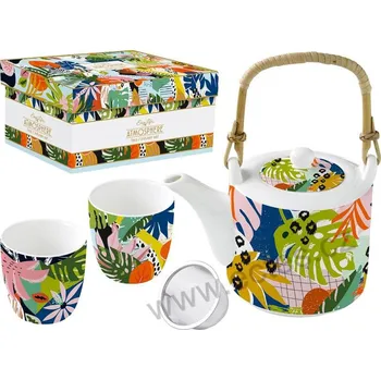 Konvice na čaj Easy Life TROPICAL VIBES porcelánový čajový set: konvice a kelímky tropické listy *ATMOSPHERE* 600ml + 2x160ml