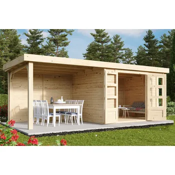 Zahradní domek Dřevěný domek KARIBU KERKO 5 + přístavek 2,4 m včetně zadní stěny Varianta: dřevěný domek KARIBU KERKO 5 + přístavek 240 cm včetně zadní stěny (9195) natur LG2985