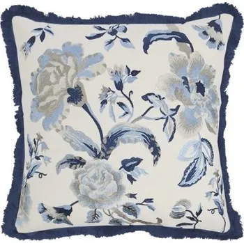 Dekorativní polštářek Bílo - modrý polštář s vyšívanými květy a třásněmi Bloom - 50*50 cm