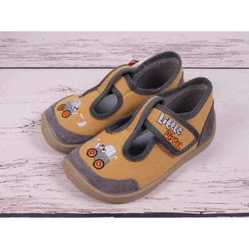 Dívčí bačkory Bačkory plátěnky 3F 2BE8/7 bar3foot super flexi žluté s bagrem barefoot, suchý zip velikost: 21