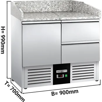 Lednice G.Gastro Saladette / Chladicí stůl na pizzu PREMIUM - 0,9 x 0,7 m - s 1 dveřmi, 2 šuplíky & žulovou deskou