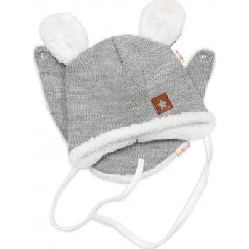 Módní doplněk Baby Nellys Pletená zimní čepice s kožíškem a šátkem Star, šedá, Velikost koj. oblečení 68-74 (6-9m)