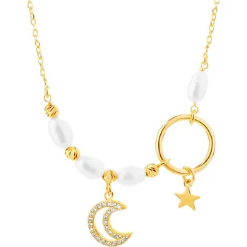 Náhrdelník Pozlacený stříbrný náhrdelník s perlami a zirkony - půlměsíc, hvězda - AP535-0427
