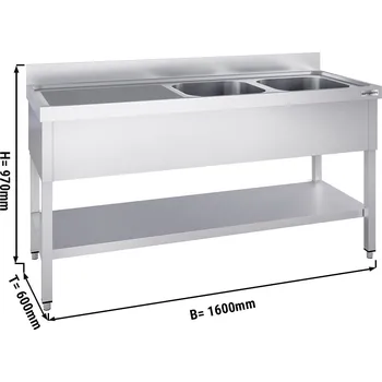 Nerezový dřez G.Gastro Mycí stůl PREMIUM z nerezové oceli - se spodní policí - 1,6 m - 2 dřezy vpravo - D 40 x Š 40 x H 25 cm