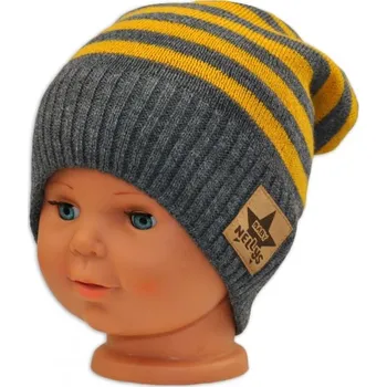 Čepice Podzimní/zimní proužkovaná čepice - šedo/žlutá, Velikost koj. oblečení 116 (5-6r)