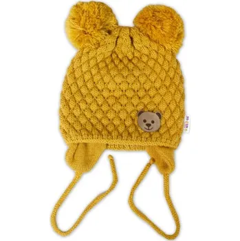 Módní doplněk Zimní pletená čepice Teddy Bear na zavazování, hořčicová, Baby Nellys, Velikost koj. oblečení 68-80 (6-12m)