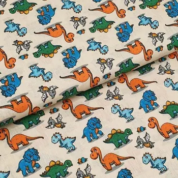 Plátno P0861 světle béžové, dinosauři, š.140
