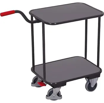 Plošinový vozík Skladový dvoupolicový vozík s vodicí tyčí a brzdou EasySTOP, 600 x 500 mm, nosnost 200 kg, barva antracit RAL7016 /deska šedá