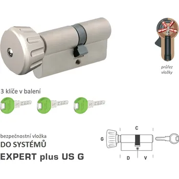 Vložka do dveří DK - EXPERT plus US G - s knoflíkem D 30 + V 40 mm, knoflík na kratší straně NP - Nikl perla