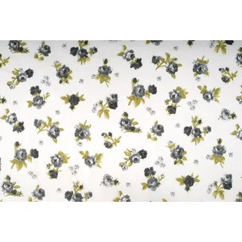 Plátno bavlněné, černé růže na bílé, metráž, látky