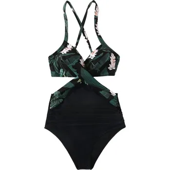 Dámské plavky Dámské plavky jednodílné s křížením přes hrudník Barva: zelené květy (B4618BT), Velikost: S