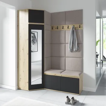 Předsíňová stěna Eka Předsíňová stěna s čalouněnými panely Trinity 37 - Dub Artisan s černou / Světlá béžová 2303