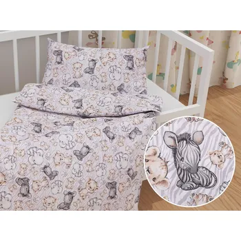 Povlečení Dětské bavlněné povlečení do postýlky Sandra SA-335 Africká zvířátka na šedém zebrovaném Do postýlky 90x120 a 40x60 cm