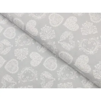 Dekorační látka PML-071 Srdce s ornamenty na šedém - šířka 150 cm