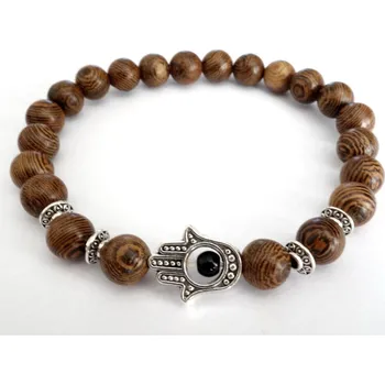 Náhrdelník Blingstar Náramek dřevěný WOOD korálky - Hamsa ruka