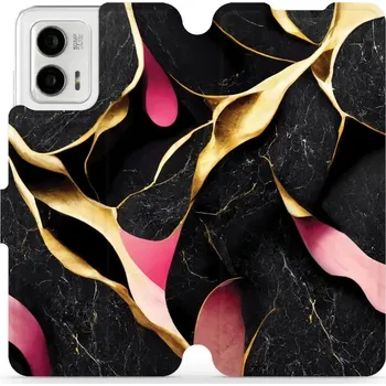 Pouzdro na mobilní telefon Flipové pouzdro Mobiwear - Motorola Moto G73 5G - VP35S Černý a zlatavý mramor (Knížkové flip pouzdro, obal, kryt na mobil Motorola Moto G73 5G - VP35S Černý a zlatavý mramor, materiál Umělá kůže + TPU - ochrana 360°, stojánek, silikonová vanička,)