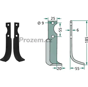 Pracovní nůž Frézovací klenutý nůž levý pro B.C.S, 43433, 55/9/185 mm