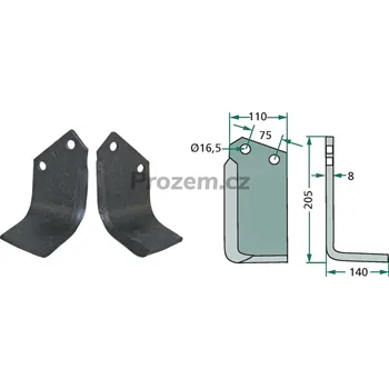 Pracovní nůž Frézovací zahnutý nůž pravý pro Krone, 1070831, 1070830, 75/16,5/205 mm