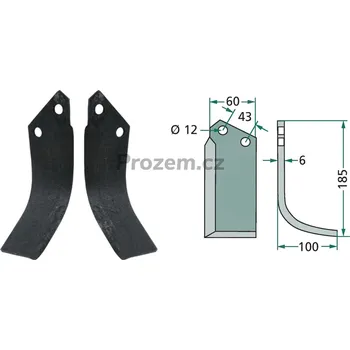 Pracovní nůž Frézovací klenutý nůž pravý pro Agria, 70234, 43/12/185 mm