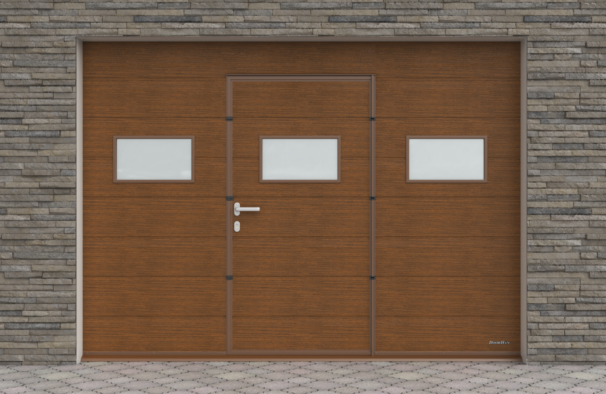 Sekční garážová vrata s dveřmi VEBRA - Zlatý dub (Rozměr otvoru š 2500 x v 2280 mm)