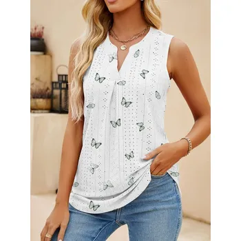 Dámský ležérní letní top s výstřihem do "V" z perforované látky Barva: Bílá - motýl, Velikost: XXL