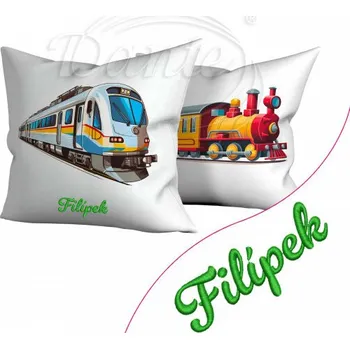 Dekorativní polštářek Dante Oboustranný povlak Mašinka, vlak a výšivka Váš text - 40 x 40 cm