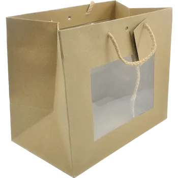 Dárková taška Papírová taška natural s průhledem a širokým dnem 16x14x8 cm