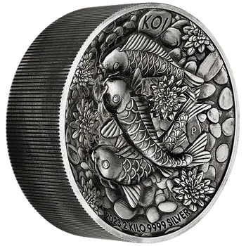 Exkluzivní stříbrná mince 2 kg Koi Fish (Kapr Koi) 2023 Antique High Relief