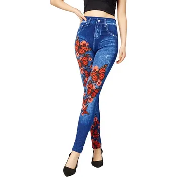 Dámské kalhoty Dámské legíny s džínovým vzorem a potiskem barevných motýlů Barva: červená (PD414 Red), Velikost: XXL