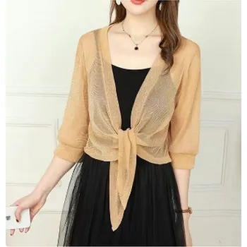 Dámský svetr Dámské elegantní bolerko/kardigan na zavazování s polovičním rukávem Barva: Žlutá, Velikost: XL (60–70 kg)