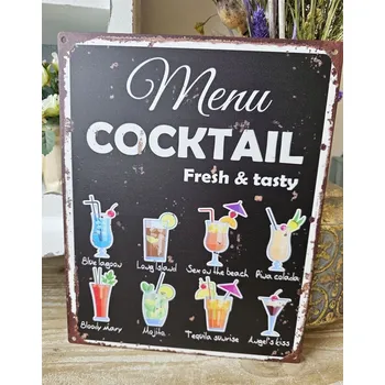 Plechová cedule Černá antik nástěnná kovová cedule Menu Coctail - 20*25cm