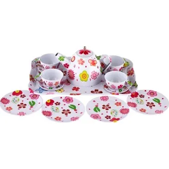 Dětská kuchyňka Dětská čajová sada bílá s květy, 14ks plech, 25x17x11 cm
