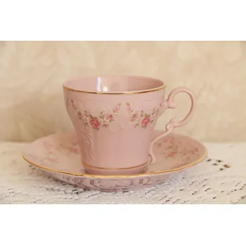 Leander, Šálek vysoký s podšálkem Ela 0,15l, dekor růžičky, růžový porcelán