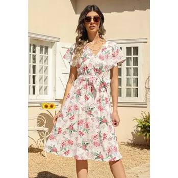 Dámské šaty Květované šaty s krátkými rukávy zavinovacího střihu Barva: Bílá, Velikost: L