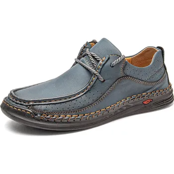 Pánská obuv Prošívané pánské boty kožené s tkaničkami Barva: Modrá, Velikost: 39