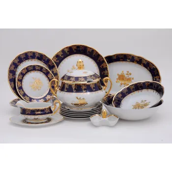Jídelní set Mary-Anne, Jídelní souprava 25-ti dílná, vzor Zlatá růže s kobaltem, Leander
