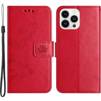 Pouzdro na mobilní telefon Flower PU kožené peněženkové pouzdro na mobil iPhone 14 Pro 6.1 - červené