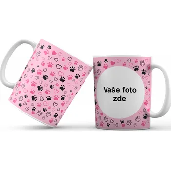 Hrneček s vlastní fotkou a tlapkami se srdíčky okolo (CELOPOTISK, barevné pozadí) - 330ml bílý Barva: Růžová