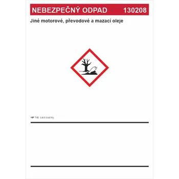 Značení Nebezpečný odpad 130208 Jiné motorové, převodové a mazací oleje samolepící vinylová fólie A7 (105 x 74 mm)