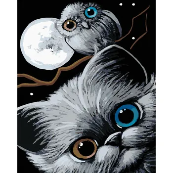 Diamondi Diamantové malování - KOTĚ, SOVA A MĚSÍC Rozměr: 40x50 cm, Rámování: bez rámu a bez vypnutí plátna
