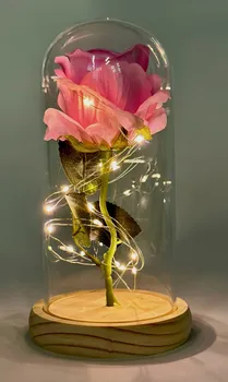 Umělá květina Medvídárek Svítící věčná růže ve skle