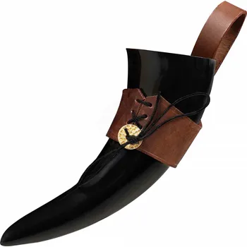 Karnevalový kostým Výprodej Picí roh Authentic 150ml – pravá rohovina, s koženým opaskovým závěsem - Outlet