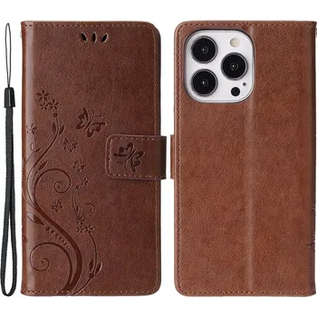 Pouzdro na mobilní telefon Flowers knížkové pouzdro na iPhone 15 Pro - hnědé