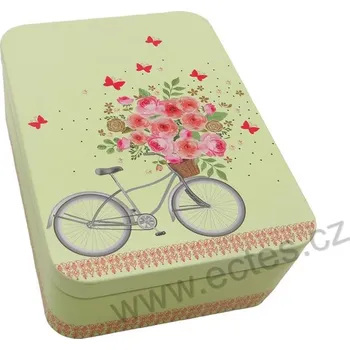 Dóza na potraviny FLORAL BICYCLE světle zelená plechová dóza 3500 městské kolo s květinami a motýlci