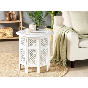 Konferenční stolek Odkládací stolek bílý s vyřezávaným vzorem starožitný efekt Obývací pokoj Chodba Rustikální orientální Beliani